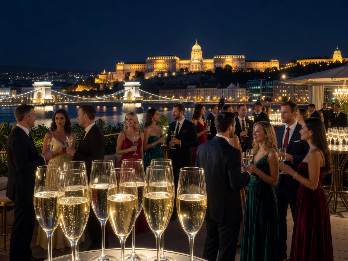 Champagne Flutes and Luxury Night Party Celebration Budapest