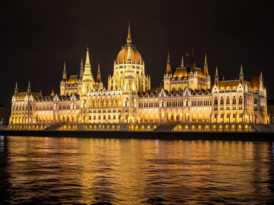 Hungarian Parliament Building Illuminated Gold at Night in Budapest