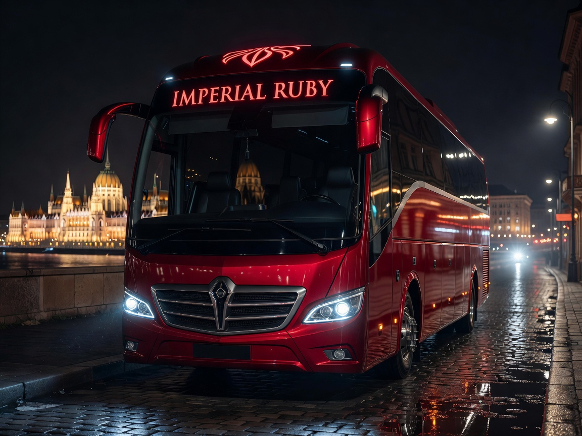 Imperial Ruby Luxury Party Bus Budapest Exterior Front Angle Night